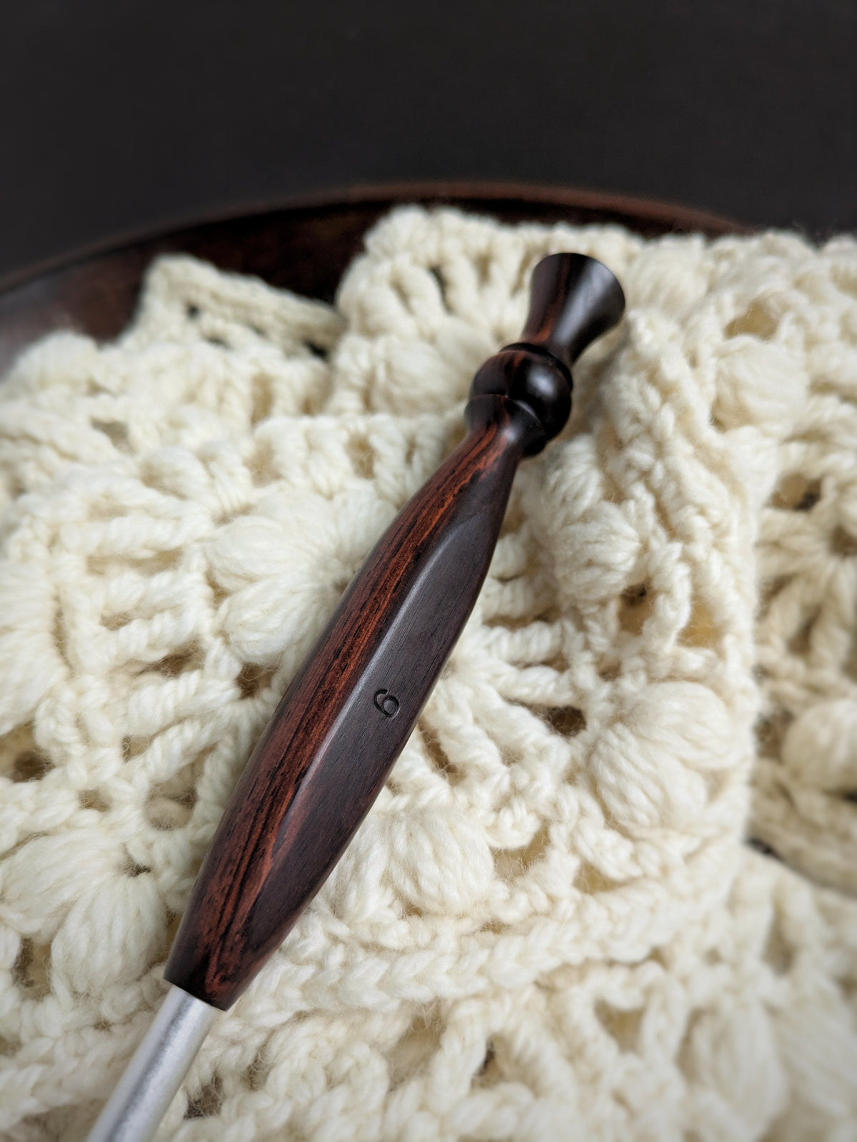 J 6mm Rosewood Ergonomic Wood Crochet Hook RTS